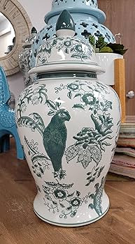 Galt International Veridian Parrot Floral Chinoiserie Ceramic Temple Jar 18" w/Lid - Ginger Jar H... | Amazon (US)