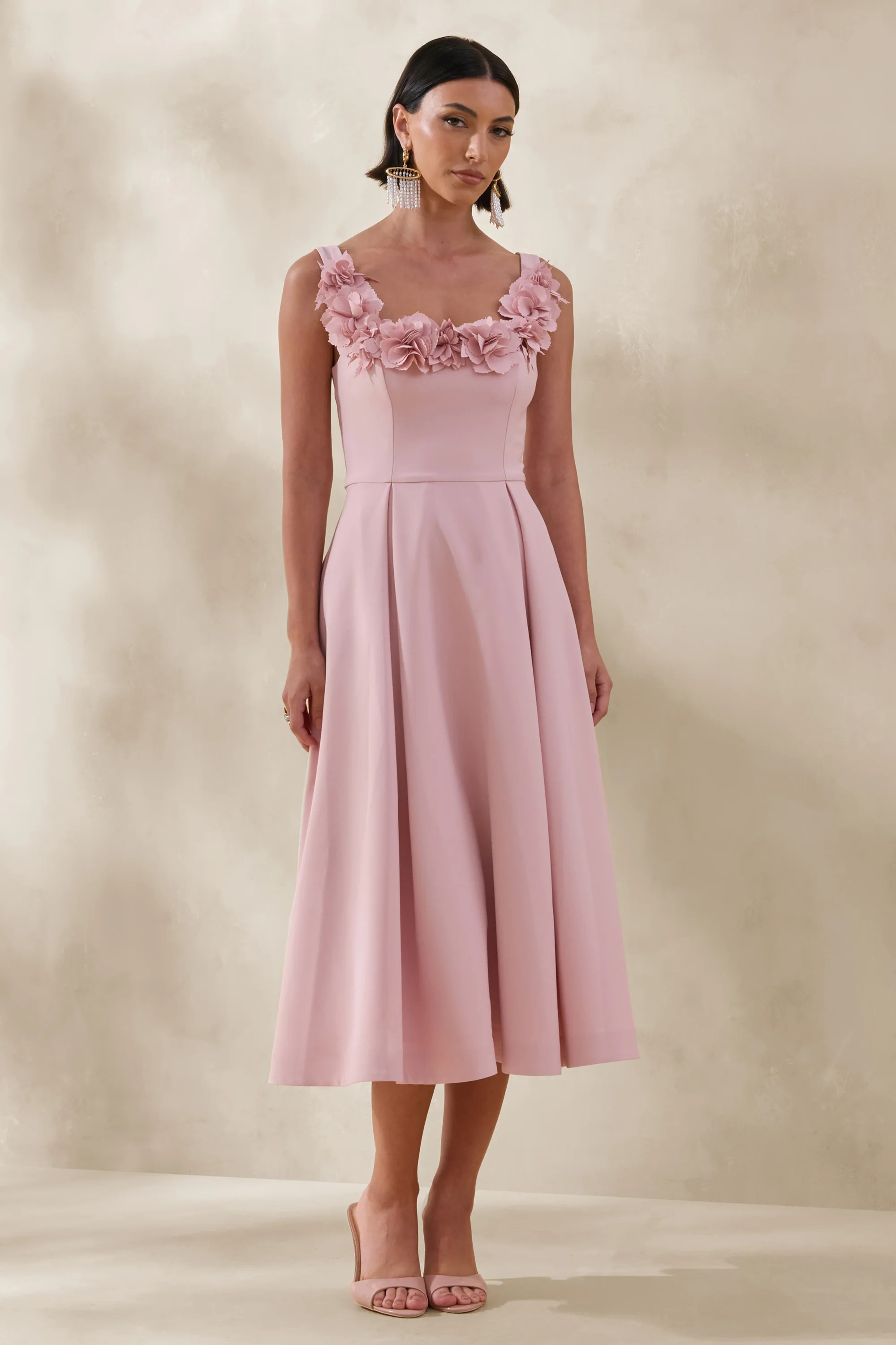 Maelle | Pink Scoop-Neck Midi Dress With Corsage Detailing | Club L London