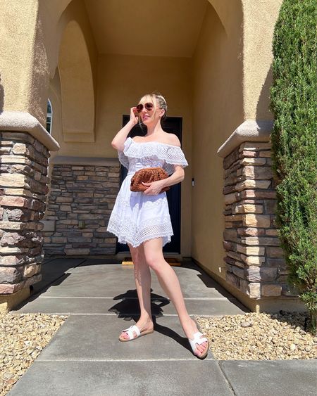 You can never got wrong with an all white outfit for summer 🌞 New white Steve Madden H sandals are on sale & the best Hermes sandals dupe. Brown woven clutch is new  (comes with a crossbody strap) from a quiet luxury brand I’m loving right now. White off the shoulder mini dress on repeat.

#LTKsalealert #LTKitbag #LTKshoecrush