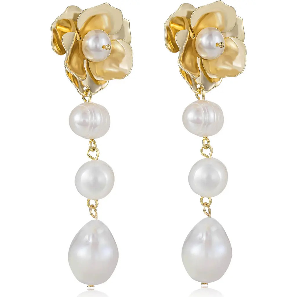 Ettika Cultured Freshwater Pearl Drop Floral Earrings in Gold at Nordstrom | Nordstrom