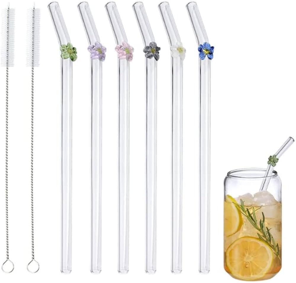 KIGOTWIN Reusable Glass Straw with Flower ,Colorful Shatter Resistant Bend Straws Cocktails Bar A... | Amazon (US)