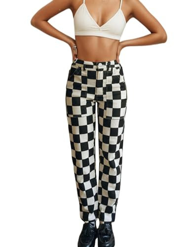 HOCANDY Womens Checkered Pants Zip Off Plaid Gingham Pants Casual Elastic High Waist Straight Leg Jeans with Pockets Black White | Amazon (US)