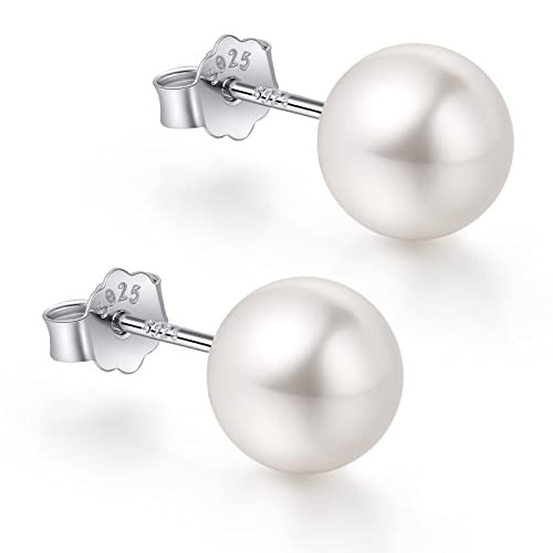 White Gold Plated Sterling Silver Pearl Stud Earrings for Women, White Pearl Wedding Earrings Hypoallergenic Jewelry | Amazon (US)