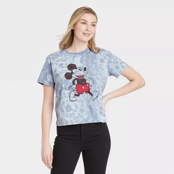 Women's Disney Walking Mickey Tie-Dye Short Sleeve Graphic T-Shirt - Gray | Target