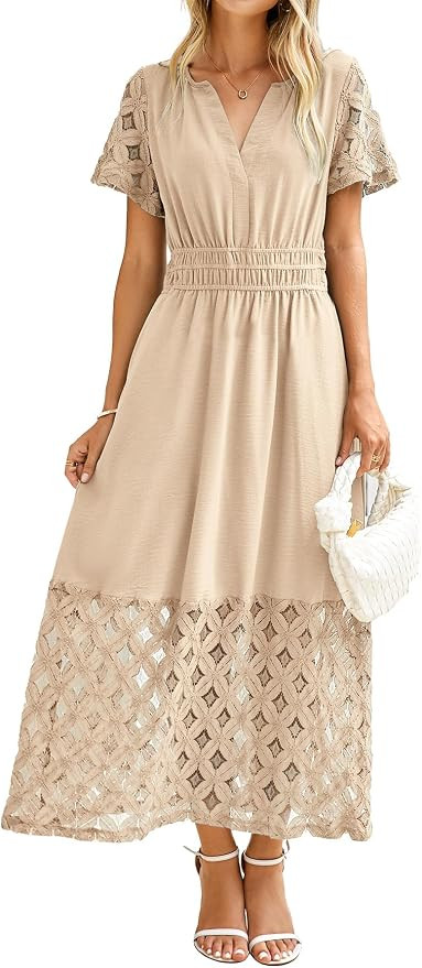 Simplee Womens Summer Boho Maxi Dress V Neck Empire Waist Long Flowy Wedding Guest Dresses with P... | Amazon (US)