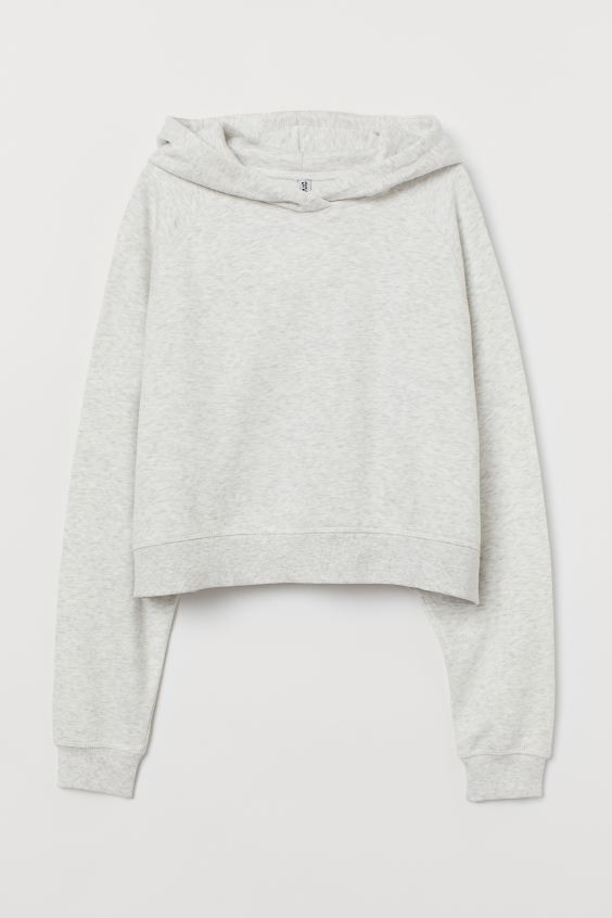 Kurzes Sweatshirt aus einer weichen Baumwollmischung. Modell mit doppellagiger, überlappender Ka... | H&M (DE, AT, CH, NL, FI)
