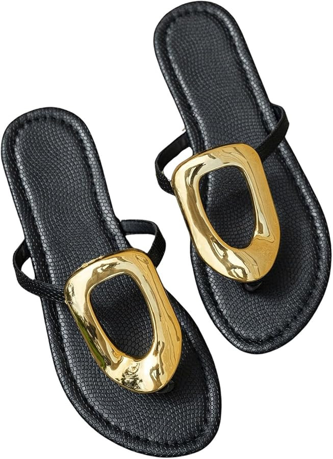 GORGLITTER Women's Gold Flip Flops Thong Flat Sandals 2025 Dressy Summer Vacation Open Toe Slides | Amazon (US)