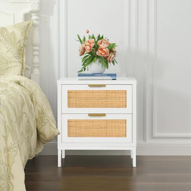 Natural Rattan 2 Drawer Nightstand, White Wood Storage Cabinet for Bedroom Livingroom Rectangular... | Walmart (US)