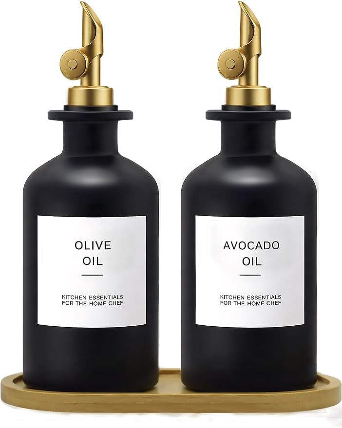 Olive Oil Dispenser Set, 2 x 11.8oz Black Glass Bottles with Auto-Flip Spouts & 2 Capped Spare Sp... | Amazon (US)