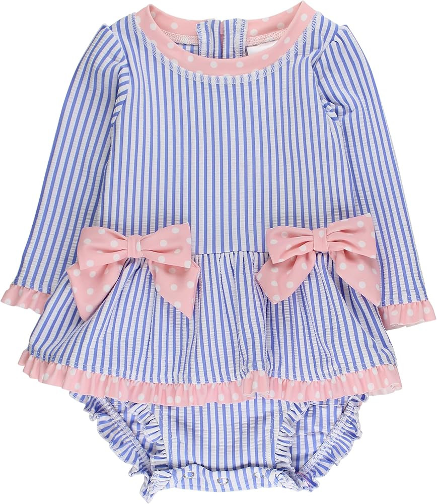 RuffleButts Baby Girls UPF50+ Seersucker Long Sleeve One Piece Bow Peplum Rash Guard Swimsuit | Amazon (US)