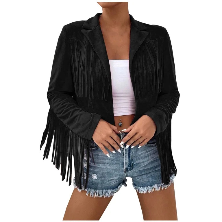 Women's Fringe Cardigan Jacket Soft Faux Suede Lapel Collar Long Sleeve Open Front Tassel Outerwe... | Walmart (US)