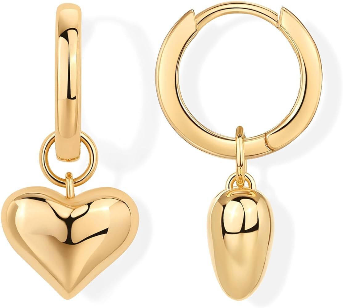 PAVOI 14K Gold Plated Sterling Silver Posts Heart Charm Huggie Hoop Earrings for Women | Lightwei... | Amazon (US)