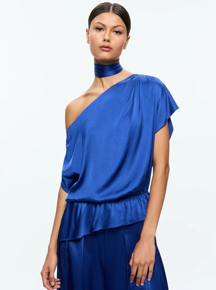 MITSUKO DRAPED ONE SHOULDER ASYMMETRIC BLOUSE WITH SCARF | Alice + Olivia