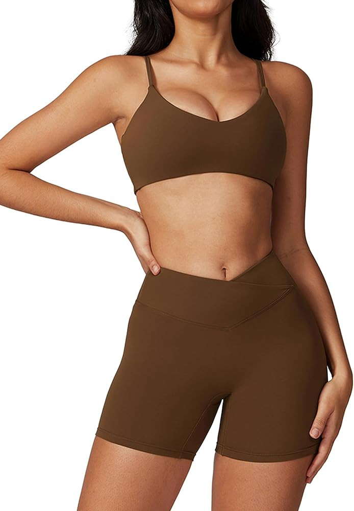 ABOCIW 2 Piece Workout Sets for Women Spaghetti Strap Sports Bras Crossover High Waist Biker Shor... | Amazon (US)