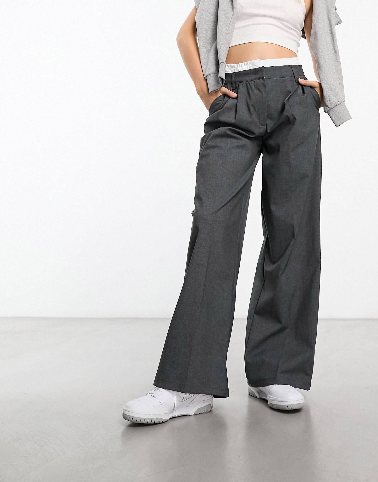Bershka boxer waistband wide leg tailored trousers in dark grey | ASOS | ASOS (Global)