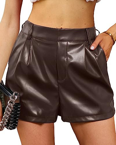 luvamia Faux Leather Shorts for Women High Waist Pleated Wide Leg High Waisted Shorts Women Faux Leather Shorts for Women Leather Pants for Women Chocolate Brown Size X-Small Fits Size 0 / Size 2 | Amazon (US)