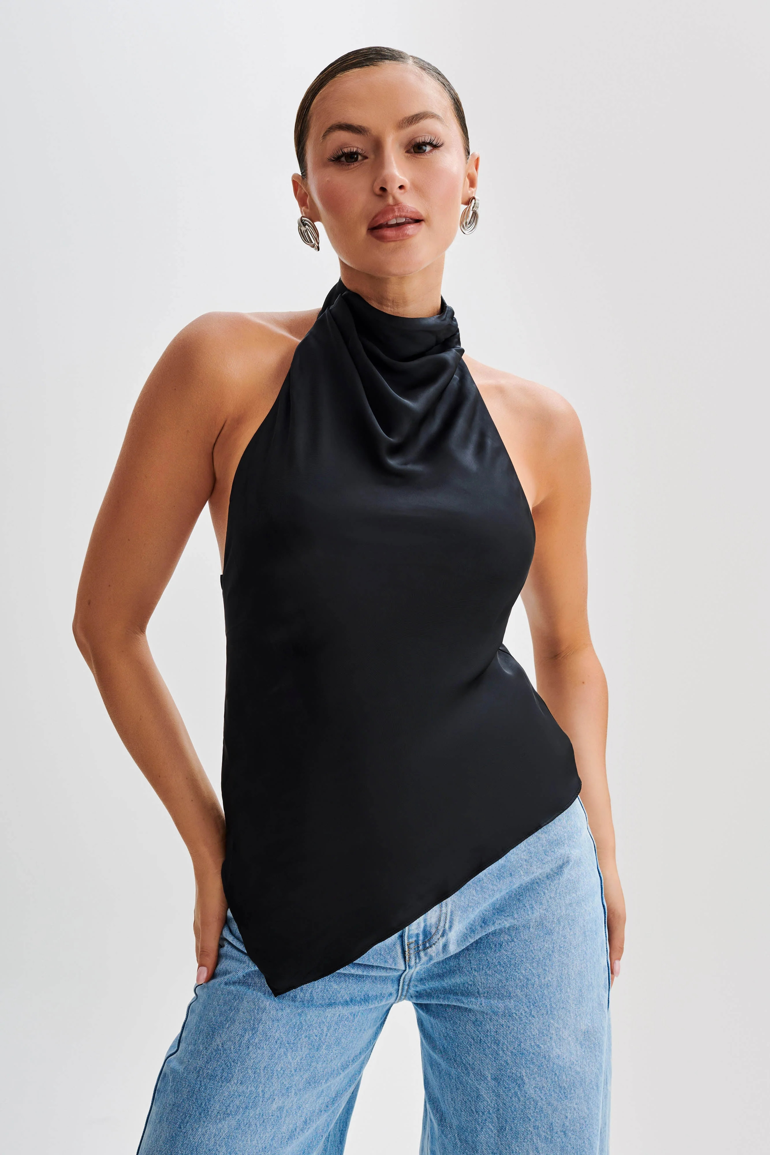 Seraphine Satin Halter Top - Black | Meshki (APAC)