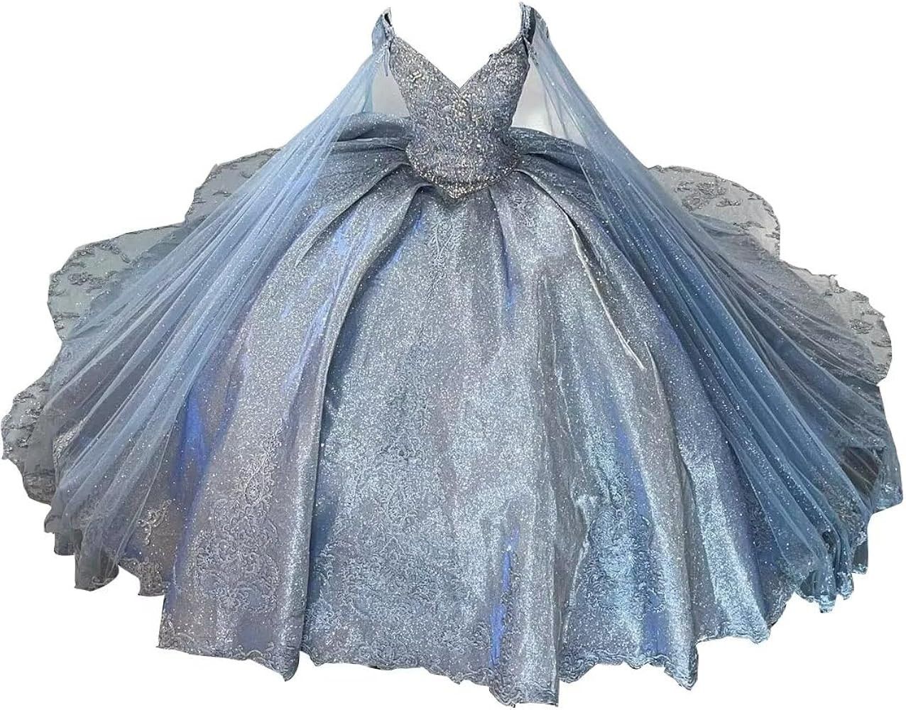 Sparkly Fabric Gold Embroidery Patterning V Neck Ball Gown Quinceanera Prom Formal Dresses with S... | Amazon (US)