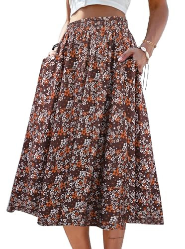 SOFIA'S CHOICE Women's Floral Skirt High Elastic Waist A Line Midi Skirts with Pockets Brown Small | Amazon (US)