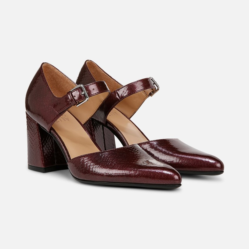 Naturalizer Pixie Mary Jane Shoes, Cranberry Faux Leather, 9.0W Almond Toe, Block Heels | Naturalizer