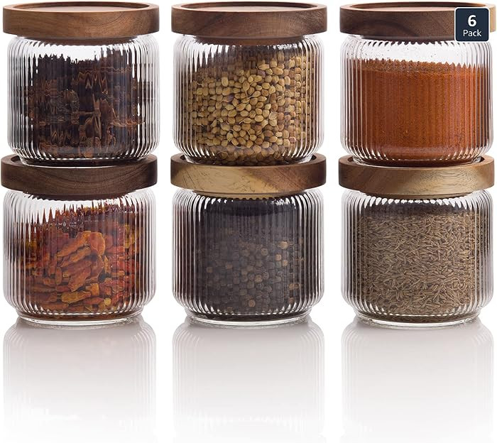 Mason & Fable 12 fl oz, 350ml Glass Food Storage Jars with Wood Lids (6pcs) - Stylish Ribbed Patt... | Amazon (US)