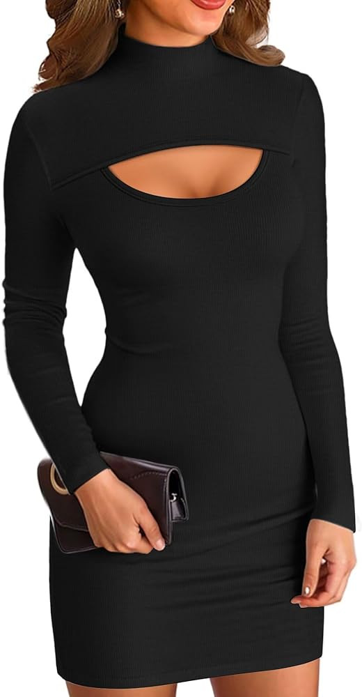 VICHYIE Women Mock Neck Ribbed Bodycon Dress Long Sleeve Mini Pencil Dresses | Amazon (US)
