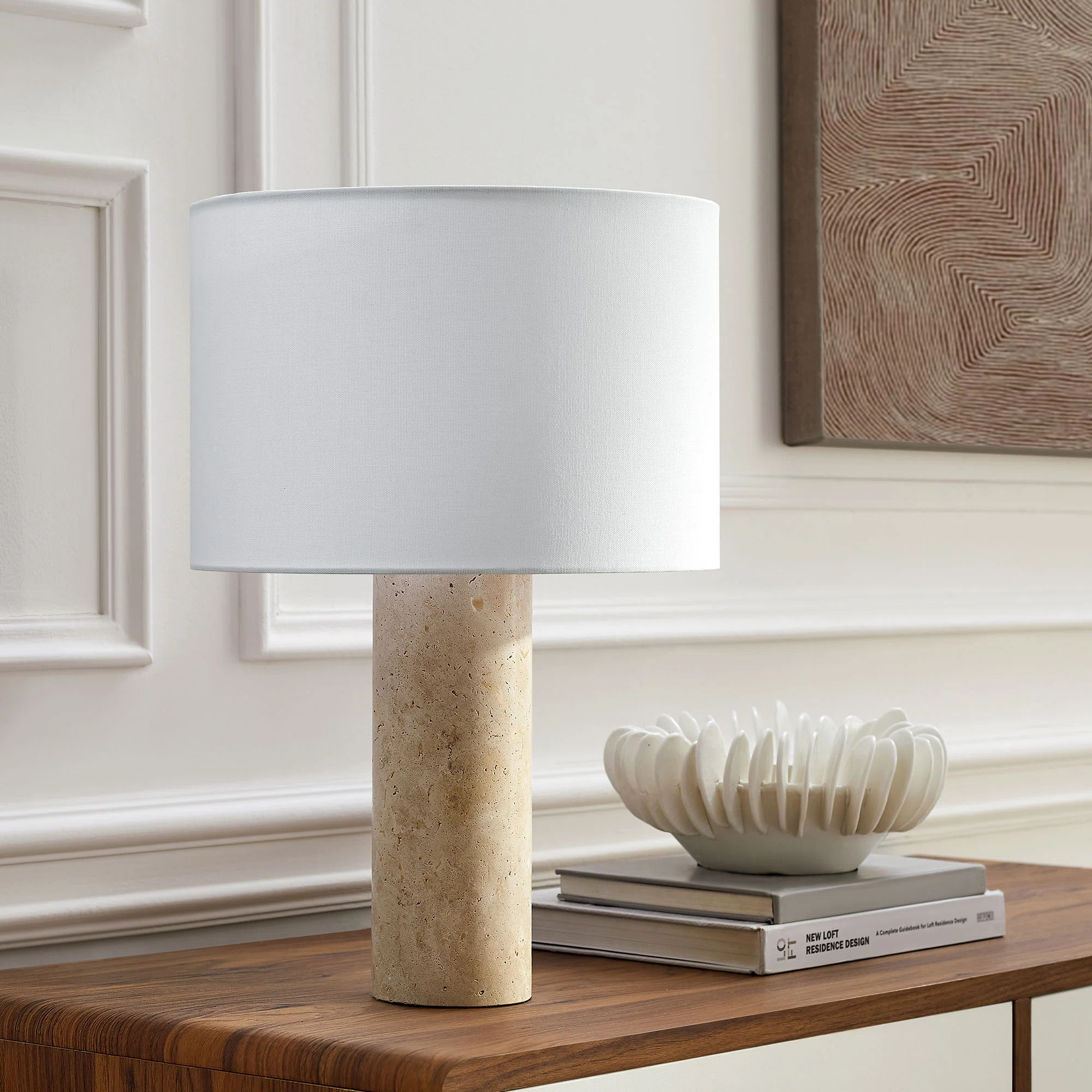 Zenith Travertine Table Lamp With Fabric Drum Shade In Travertine | Wayfair North America