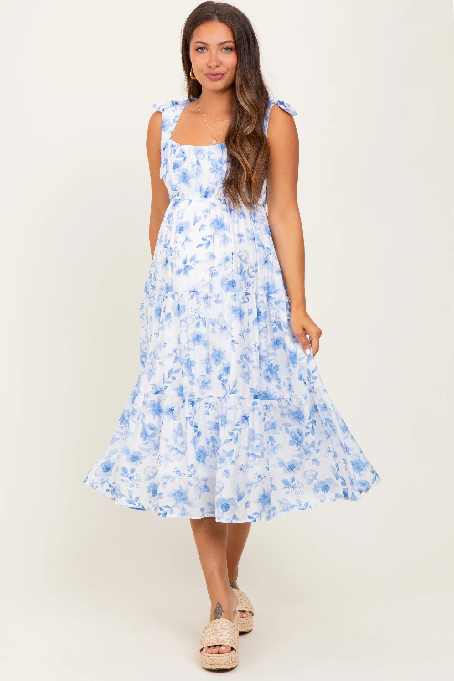 Blue Floral Shoulder Tie Tiered Maternity Midi Dress | PinkBlush Maternity