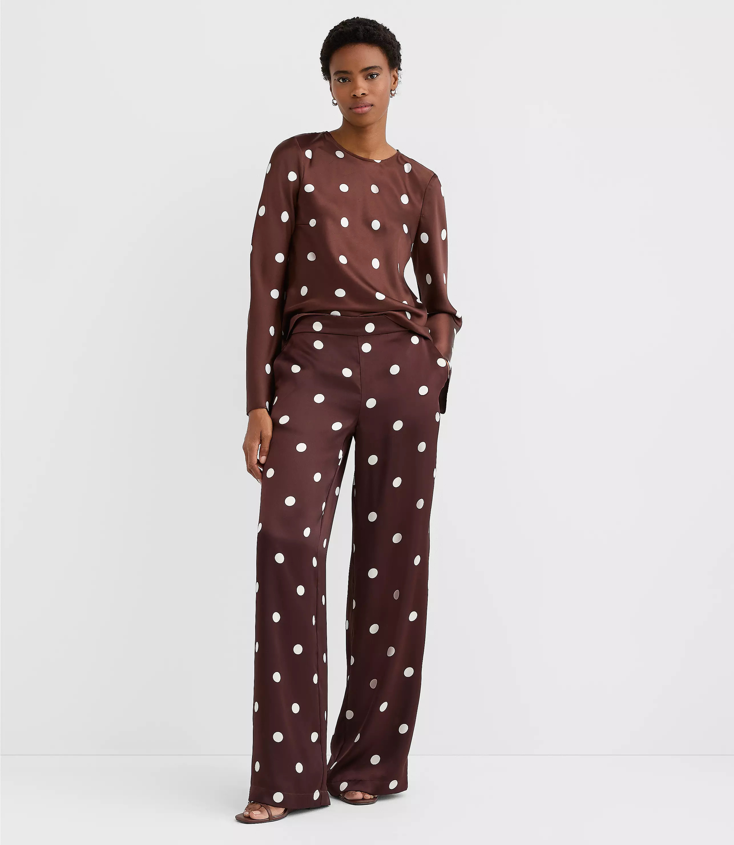 Fluid Pull On Wide Leg Pants in Dotted Satin | LOFT