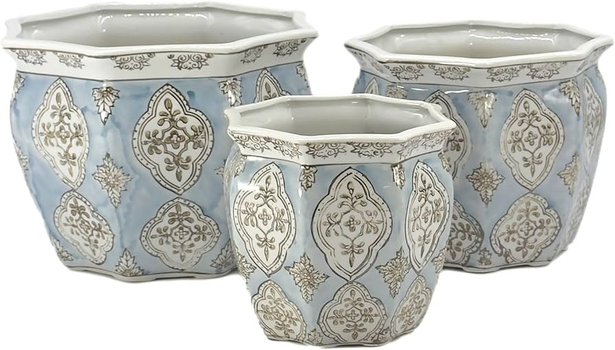 Galt International Light Blue & White Round Fluted Floral Porcelain Ceramic Plant Flower Planter ... | Amazon (US)