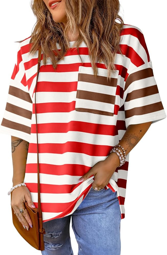 Womens Oversized Color Block Striped Tshirts Summer Casual Short Sleeve Tops Loose Fit Crew Neck ... | Amazon (US)
