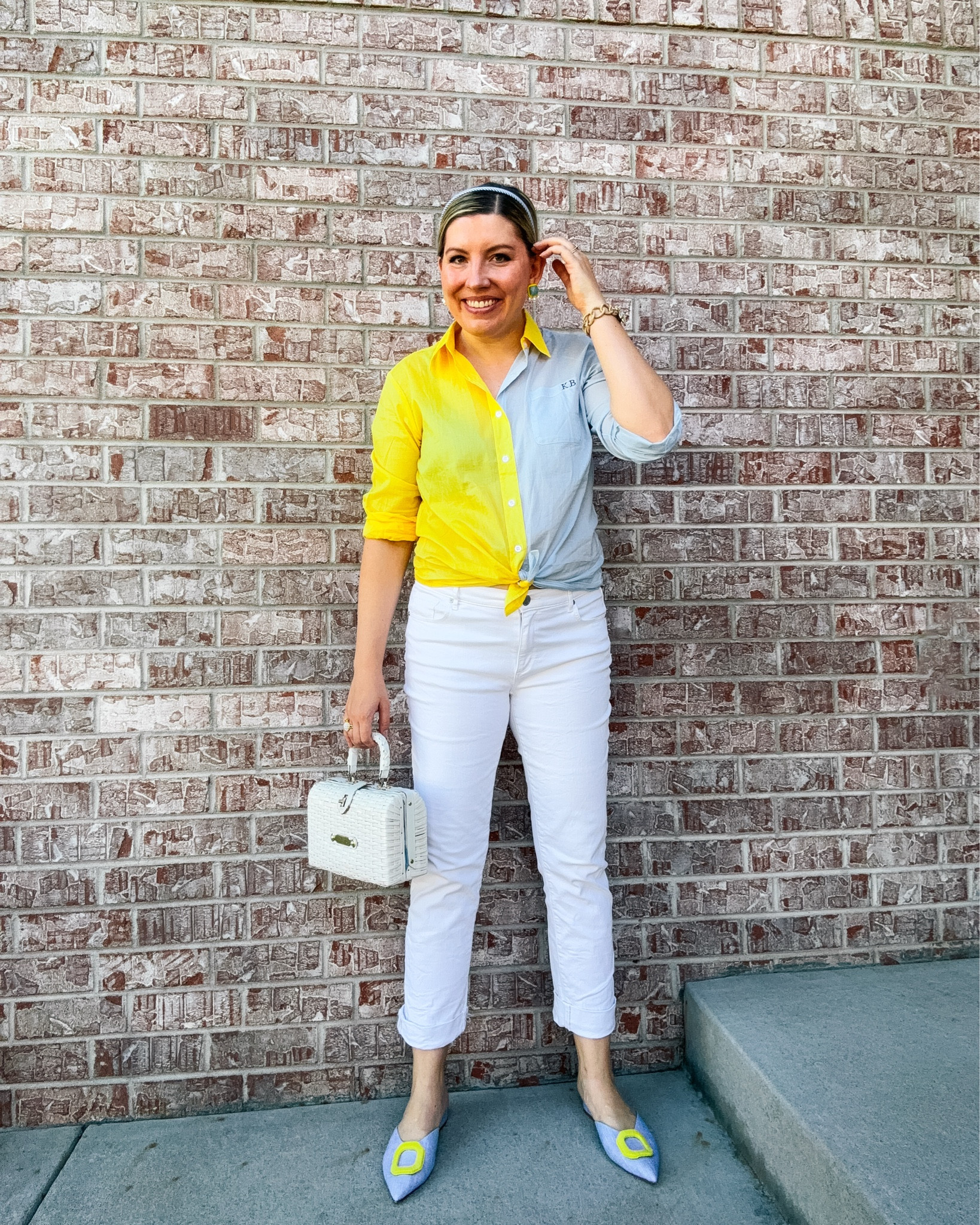 Look 7 - The Tailored Eccentric 
👒 The Garden Society 

Crisp white denim + a colorful monogrammed button-down = my favorite kind of casual. Polished enough to feel put together, playful enough to keep it fun. A little prep, a little pop, and totally wearable for summer errands or a casual lunch.

About this series:
👒 Part of The Garden Society, my current style capsule filled with maximalist, character-inspired looks made for late summer revelry. Save this for your next casual workday or easy-chic weekend moment, and check back tomorrow for the next character debut.

Shirt - Katie Kime (current faves linked)
Jeans - LOFT (similar linked)
Earrings - Lele Sadoughi (current colors linked)
Bag -vintage (similar linked)
Shoes - Dillards (secondhand options linked)
Headband - vintage (similar linked)
Bracelet - Talbots? 

#LOFTstyle #LOFTgirl #KatieKime #KatieKimeStyle #preppystyle #elevatedcasual #colorfulclassic #monogrammoment #capsulewardrobe #gardenSocietycapsule #LeleSadoughi
#SadoughiStyle
#StatementEarrings
#LeleLover

#LTKSeasonal #LTKStyleTip #LTKItBag