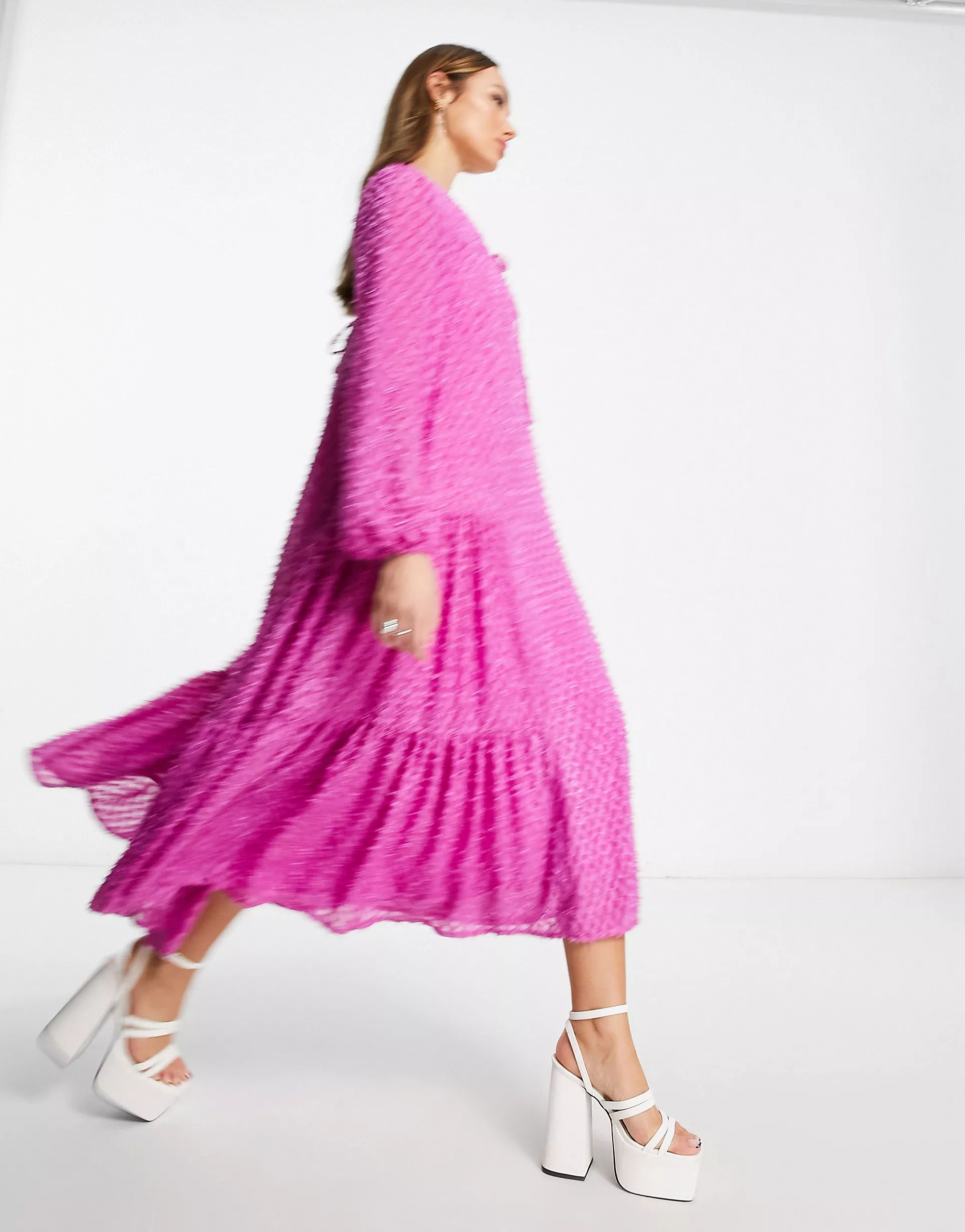 ASOS DESIGN 70s trapeze long sleeve maxi dress in fluffy texture in hot pink | ASOS (Global)