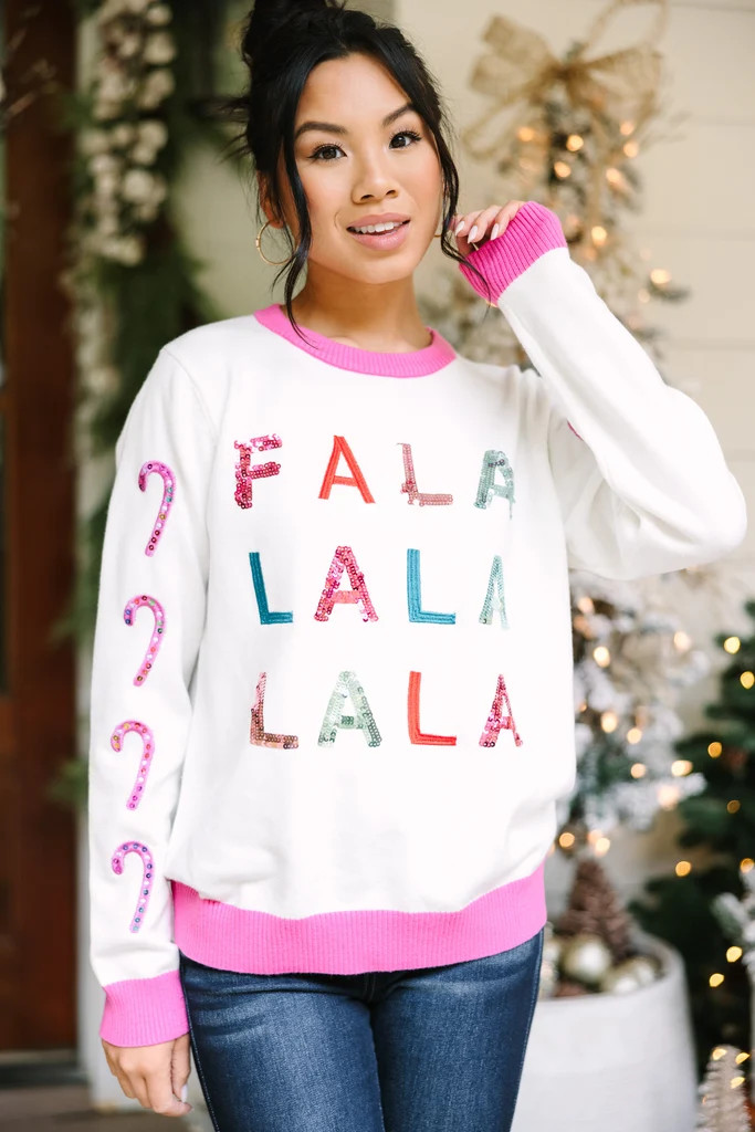 Falalalalala White Candy Cane Sleeve Sweater | The Mint Julep Boutique