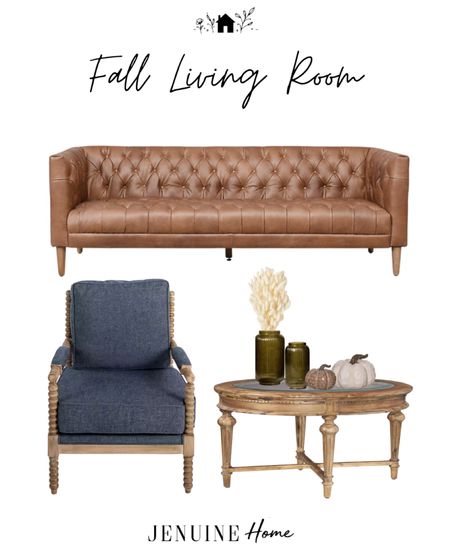 Fall living room. Leather tufted couch. Light wood circular coffee table. Green glass vase. Fluffy floral. Grass arrangement. Wood pumpkin decor. Blue denim spindle chair. Light fall living. Autumn living room  

#LTKfamily #LTKSeasonal #LTKhome