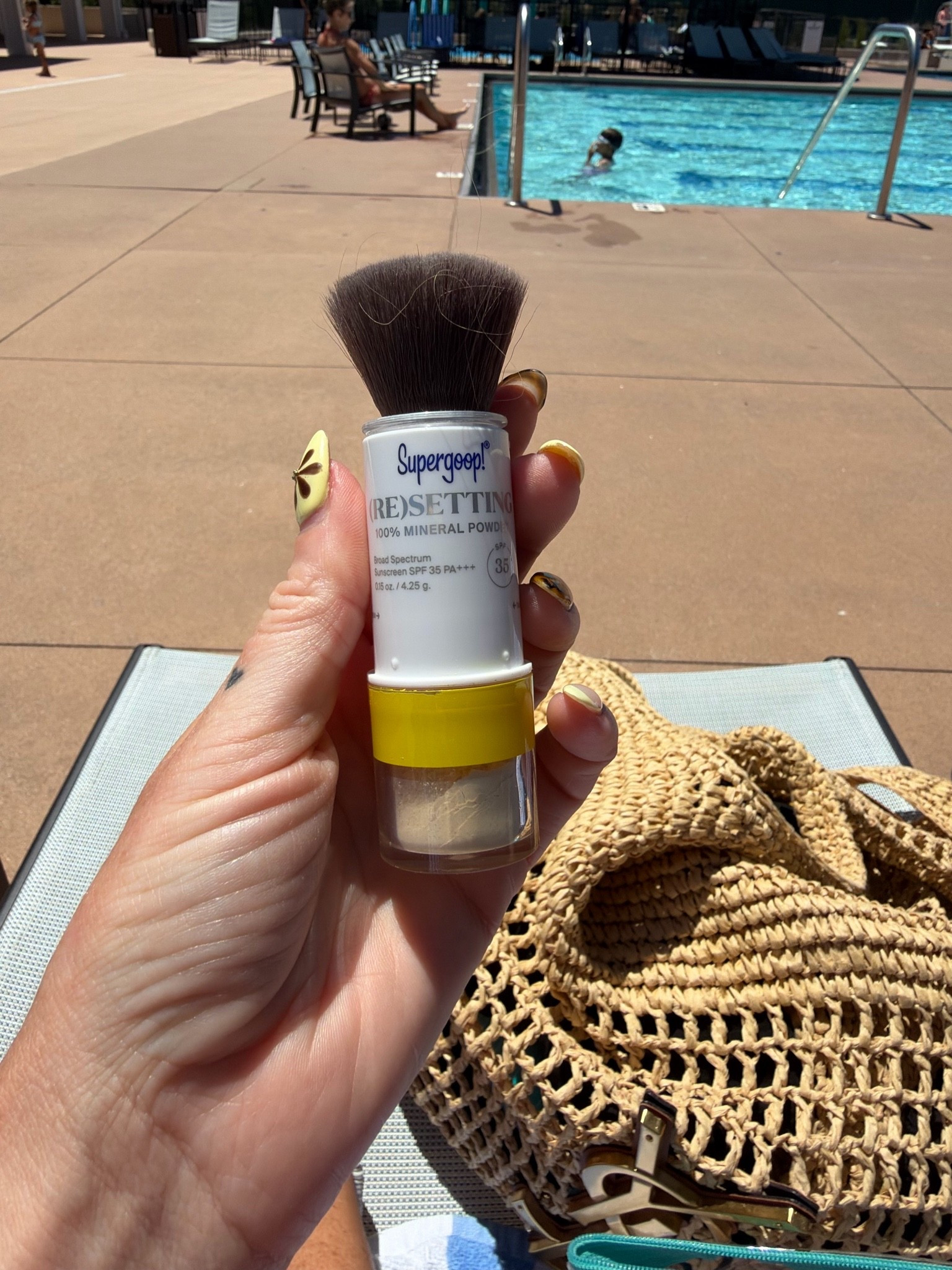 Summer pool and beach day must; sueprgoop resetting powder - I use this on my scalp where my hair is parted to avoid sunburn! It doesn’t make my hair greasy and acts like dry shampoo 

Sunscreen
