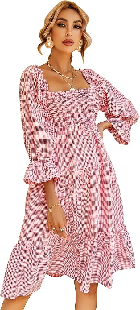 R.Vivimos Women's Summer Cotton Plaid Puff Sleeves Bow Casual Off-Shoulder Boho Midi Dress | Amazon (US)