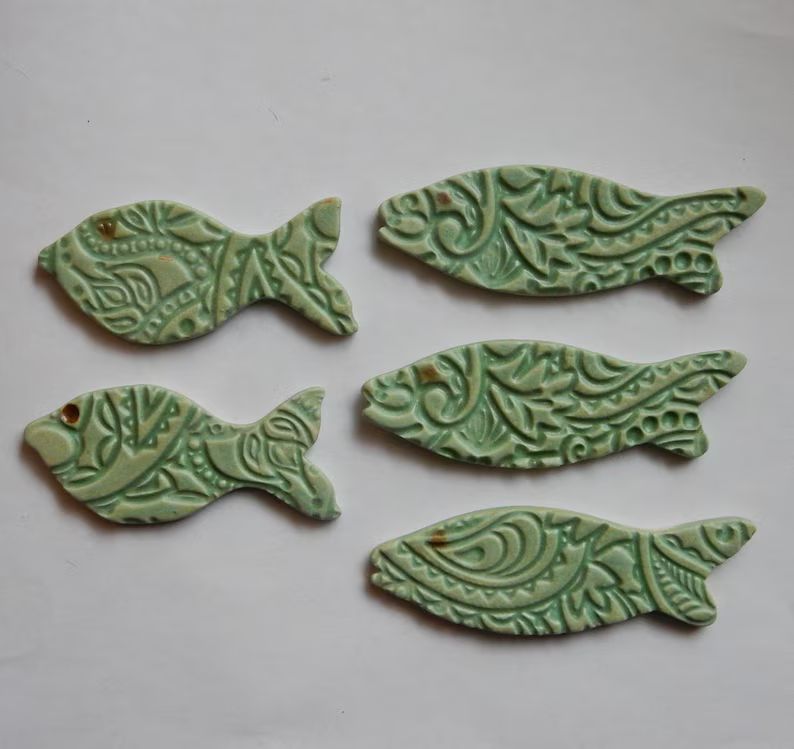 5 Matte Green Patina Glazed Ceramic Mosaic Tile Fish With Embossed Texture - Etsy | Etsy (US)
