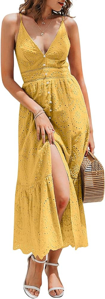 Women's Embroidery Pearl Button Down Dress V Neck Spaghetti Strap Maxi Dress | Amazon (US)