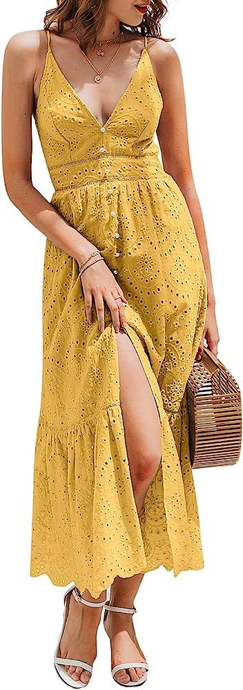 Women's Embroidery Pearl Button Down Dress V Neck Spaghetti Strap Maxi Dress | Amazon (US)