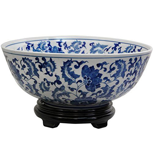 Oriental Furniture 14" Floral Blue & White Porcelain Bowl | Amazon (US)