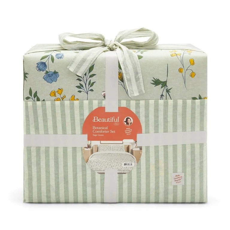 Beautiful 100% Cotton Botanical 3-Piece Sage Green Comforter Set, Full/Queen by Drew Barrymore | Walmart (US)