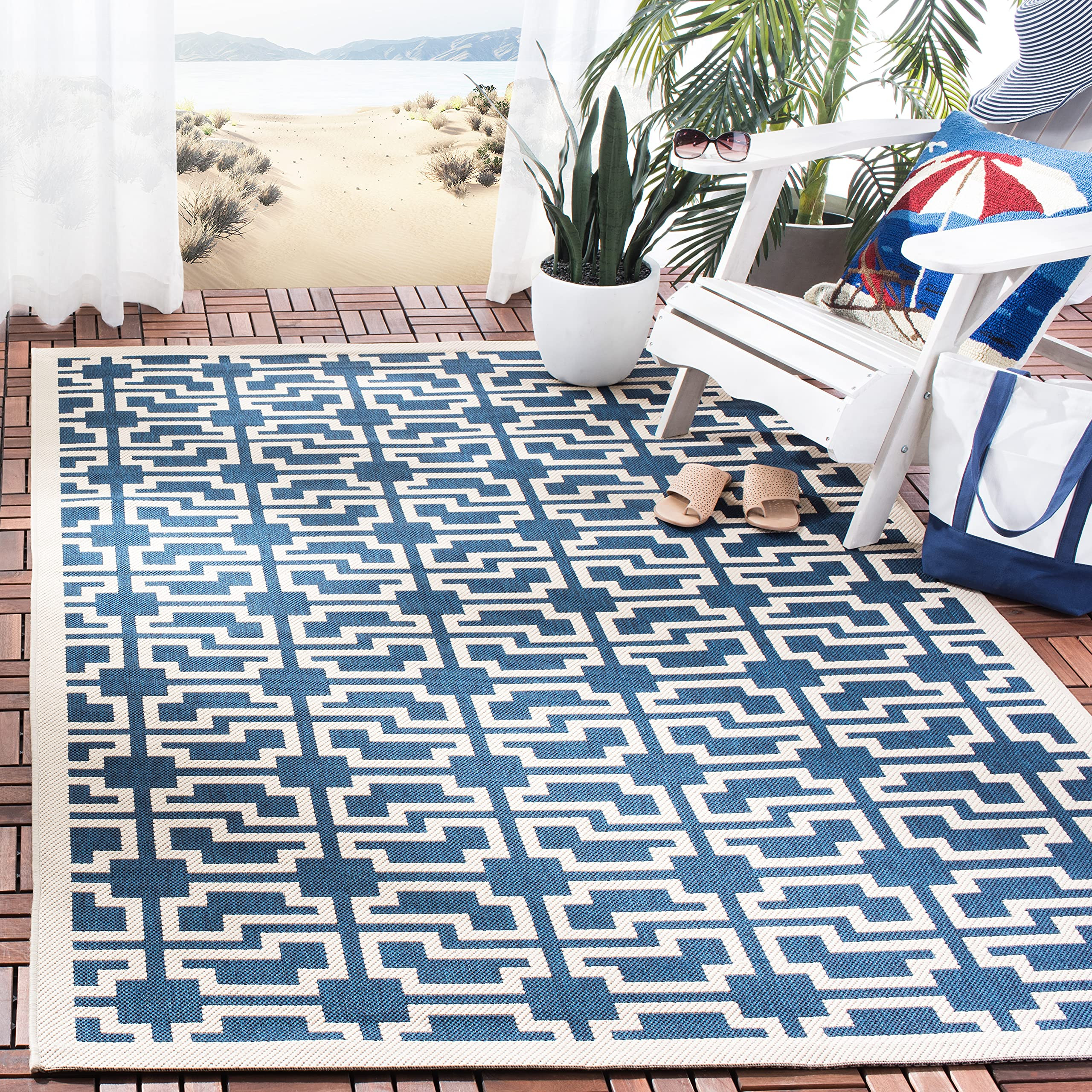 SAFAVIEH Courtyard Collection Area Rug - 5'3" x 7'7", Navy & Beige, Non-Shedding & Easy Care, Indoor | Amazon (US)