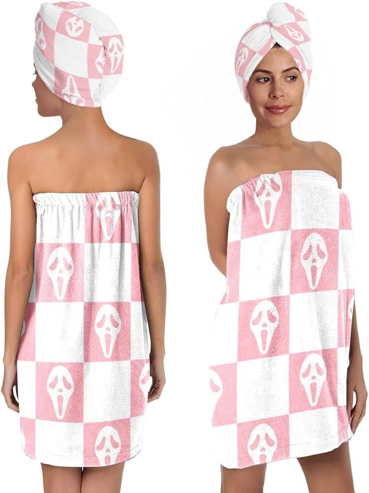 Horror Spooky Face Microfiber Bath Wrap Set with Hair Towel, Checkered Design, 31.5x59 inches (Pi... | Amazon (US)
