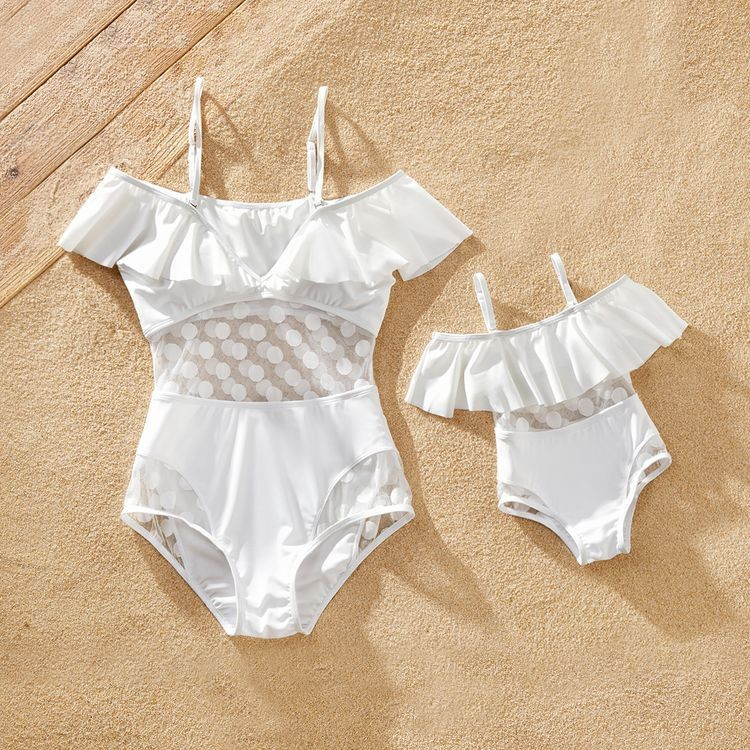 Mommy and Me Flounce Decor Mesh Stitching Solid One-piece Swimsuits | PatPat
