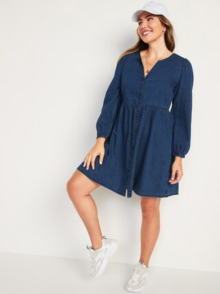 Long-Sleeve Fit & Flare Jean Mini Dress for Women | Old Navy (US)