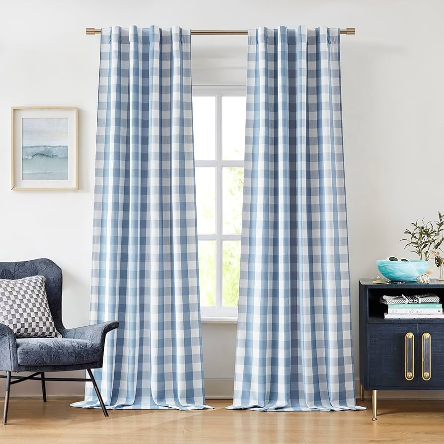 Buffalo Plaid Full Blackout Curtain Panels 84 Inches Length,Dusty Blue and White Farmhouse Drapes... | Amazon (US)