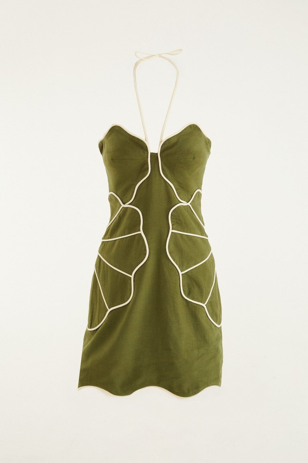 Green Wavy Trim Halter Neck Lenzing\u2122 Ecovero\u2122 Euroflax\u2122 Mini Dress | FARM Rio | FarmRio (US)