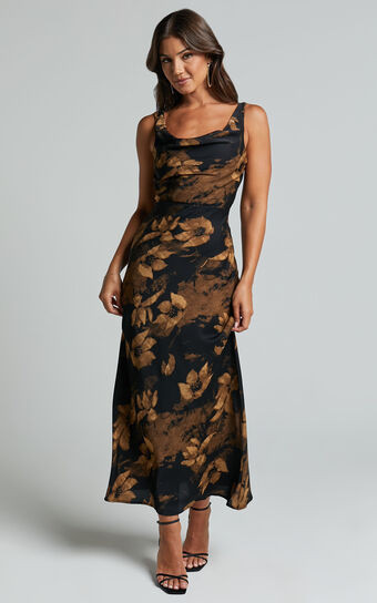 Dara Midi Dress - Low Neck Sleeveless Slip Dress in Amber Floral Print | Showpo (US, UK & Europe)
