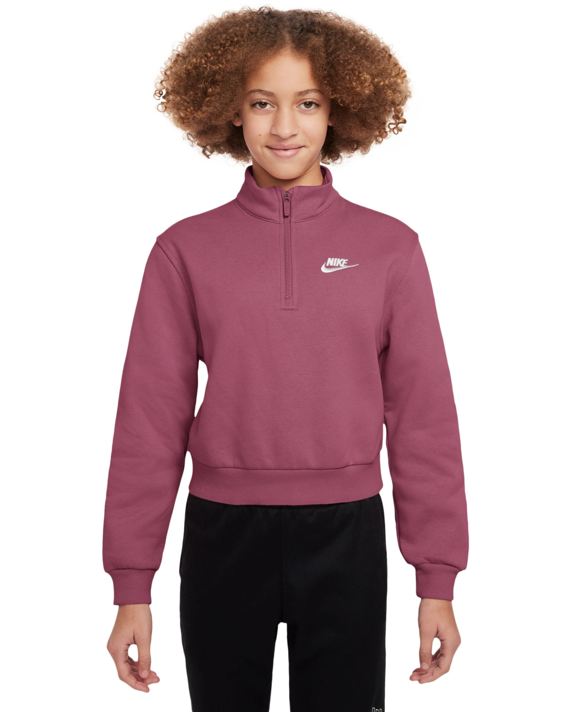 Nike Sportswear Big Girls Club Fleece 1/2-Zip Long-Sleeve Top - Sweet Beet/White | Macy's